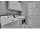 The laundry room has a washer and dryer along with overhead cabinets and a door and the walls are light gray at 4224 Crayford Ct, Land O Lakes, FL 34638
