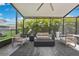 This screened patio is complete with stylish seating and a cozy fireplace, perfect for outdoor relaxation at 4224 Crayford Ct, Land O Lakes, FL 34638