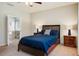 Bedroom with blue bedding and decor, and open bathroom entry at 5221 Bannister Park Ln, Lithia, FL 33547