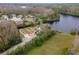 Aerial view showcasing a community park with a playground, gazebo, and a pier on a picturesque lake at 8219 Summer Brook Ct, Land O Lakes, FL 34638