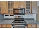 Close-up highlighting modern stainless steel appliances with wooden cabinets in this well-appointed kitchen at 2515 Centennial Falcon Dr, Valrico, FL 33596