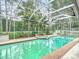 Enclosed pool and jacuzzi with view of backyard landscaping and mature trees at 5526 Braddock Dr, Zephyrhills, FL 33541