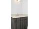 Modern bathroom vanity with gray wood cabinets and light countertops and silver fixtures at 804 S Davis Blvd, Tampa, FL 33606