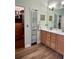 Bathroom showcasing double vanity with modern fixtures and closet with storage at 8202 Pinewood Run Ct, Tampa, FL 33647