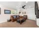 Cozy living room with comfortable leather seating, fan, and a view to the outside at 935 Eden Isle Ne Dr, St Petersburg, FL 33704