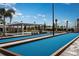 Bocce ball court with shelter and benches framed by clear blue sky, mature trees, and landscaping at 9396 Minnow Ray Dr, Land O Lakes, FL 34638