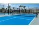 Bright blue pickleball court featuring black netting, posts and fencing, offering recreational fun and a community gathering place at 9396 Minnow Ray Dr, Land O Lakes, FL 34638