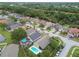 A bird's eye view highlighting the house, backyard pool, and surrounding suburban neighborhood at 10223 Charleston Corner Rd, Tampa, FL 33635