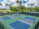 Aerial view of fenced pickleball courts in Tampa Bay Golf and Country Club, surrounded by green landscaping at 10324 Chatuge Dr, San Antonio, FL 33576