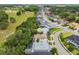Panoramic aerial view of a neighborhood showcasing houses, a golf course, lush landscaping, and the surrounding community at 12707 Green Heron Way, Odessa, FL 33556