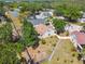 Aerial view of a backyard featuring lush greenery, garden beds, and mature trees at 24231 Satinwood Ct, Lutz, FL 33559