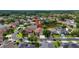 Aerial view of a residential area featuring tree-lined streets, well-maintained lawns, and a nearby pond at 3510 Hickory Hammock Loop, Wesley Chapel, FL 33544