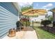 Outdoor grill area with an umbrella, grill, a metal fire pit, and a concrete and brick paver patio and view of nearby homes at 6015 Shell Ridge Dr, Lithia, FL 33547