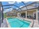 A stunning pool with in-pool loungers, covered patio, and lush landscaping in a screened enclosure at 11227 Hawks Fern Dr, Riverview, FL 33569