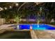 An inviting pool area with adjacent spa and manicured landscaping are illuminated by romantic string lights at 3505 W Kensington Ave, Tampa, FL 33629