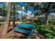Park view with blue picnic table, lush grass and pond with boat dock in the distance at 4017 3Rd E Ave, Bradenton, FL 34208