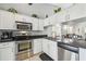 Modern kitchen featuring stainless steel appliances, granite countertops, and white cabinets at 6529 Thicket Trl, New Port Richey, FL 34653