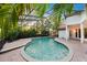 A screened-in pool area featuring a uniquely shaped pool surrounded by a paved patio and lush greenery at 772 Live Oak Ne Ter, St Petersburg, FL 33703