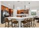 Modern kitchen featuring a large island with seating, dark wood cabinets, and stainless steel appliances at 11611 Meridian Point Dr, Tampa, FL 33626