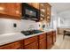 Close-up of kitchen gas range and dark wood cabinetry with stainless steel appliances at 11611 Meridian Point Dr, Tampa, FL 33626