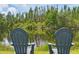 Relaxing view of a serene pond surrounded by lush trees, seen from two chairs at 11712 Winterset Cove Dr, Riverview, FL 33579