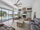 Spacious living room features fireplace, built-in shelving, and views of the screened-in pool and backyard at 1292 Myers Rd, Brooksville, FL 34602