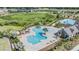 Aerial view of an upscale community pool with beach entry, covered seating, and lush tropical landscaping at 14507 Woodland Spur Dr, Lithia, FL 33547