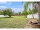 Lush backyard features a fire pit, green lawn, and privacy fence at 6711 Thackston Dr, Riverview, FL 33578