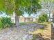 A grassy backyard features a chain-link fence, mature trees, and a view of the white home's exterior and screened-in patio at 10819 Los Santos Dr, Port Richey, FL 34668