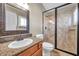 Bathroom featuring granite counters, wood cabinets, and walk-in shower with glass enclosure at 15714 Ibisridge Dr, Lithia, FL 33547