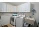 Efficient laundry room with white cabinets, modern washer and dryer, and a utility sink at 1800 Salem Ct, Dunedin, FL 34698