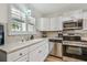 Beautiful kitchen featuring stainless steel appliances, white cabinetry, and a tile backsplash at 2700 Bayshore Blvd # 522, Dunedin, FL 34698
