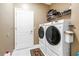 Neat laundry room with a modern washer and dryer set, and extra storage above, for efficient laundry care at 3009 Banyan Hill Ln, Land O Lakes, FL 34639