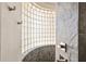 The glass block shower features updated fixtures and stone walls at 30723 Reed Rd, Dade City, FL 33523