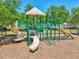 Community playground with slides, ladders, and shade canopies surrounded by mature trees at 7207 Forest Mere Dr, Riverview, FL 33578