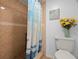 Bathroom featuring a tiled shower, a toilet, and neutral wall art at 8141 Aquila St # 342, Port Richey, FL 34668