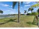 Expansive backyard overlooking a serene lake, enhanced by lush palm trees at 1806 Mira Lago Cir, Ruskin, FL 33570
