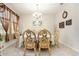 Formal dining room features elegant chairs, a chandelier, and stylish window treatments for a refined dining experience at 11818 Valhalla Woods Dr, Riverview, FL 33579