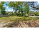 Large backyard featuring a lush lawn, mature trees and privacy fence on a sunny day at 1232 Sedeeva S Cir, Clearwater, FL 33755