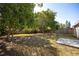 Large fenced backyard with mature trees, lush grass, and concrete pad at 12597 Cumberland Dr, Largo, FL 33773