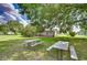 A picturesque backyard featuring picnic tables beneath a grand tree, perfect for outdoor gatherings at 39407 Rockford Ave, Zephyrhills, FL 33542