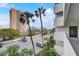 A view from the balcony overlooking the parking lot with palm trees and high rise in the background at 4141 Bayshore Blvd # 306, Tampa, FL 33611