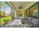 Relaxing screened porch with modern seating and a view of the beautifully landscaped backyard at 4581 Majestic Hills Loop, Brooksville, FL 34601