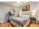 Comfortable bedroom with a queen bed, hardwood floors, treadmill, and soft lighting at 5010 Umber N Way, Tampa, FL 33624