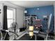 This small workout space features white and blue walls with a fan and exercise equipment at 1326 Moss Dr, Dunedin, FL 34698