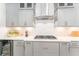 Modern kitchen features stainless steel appliances, gray cabinets, and quartz countertops at 148 Mossy River Ct, Brandon, FL 33511