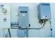 Image shows home's utility setup, including electrical panel, gas lines, and an on-demand Rinnai water heater at 148 Mossy River Ct, Brandon, FL 33511