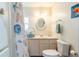 Charming bathroom with seashell-themed shower curtain and ample counter space at 18675 Us Highway 19 N # 140, Clearwater, FL 33764