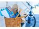 Charming beach basket with towel, sunscreen, hat, and sunglasses, ready for a relaxing day on the beach at 18675 Us Highway 19 N # 140, Clearwater, FL 33764