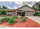 Charming home featuring a stone accent facade, a well-manicured lawn, and landscaping with vibrant red mulch at 3310 Tanglewood Trl, Palm Harbor, FL 34685